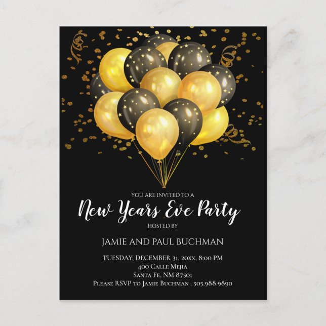 Gold auf Black Silvester Balloons Party Postkarte (Vorderseite)