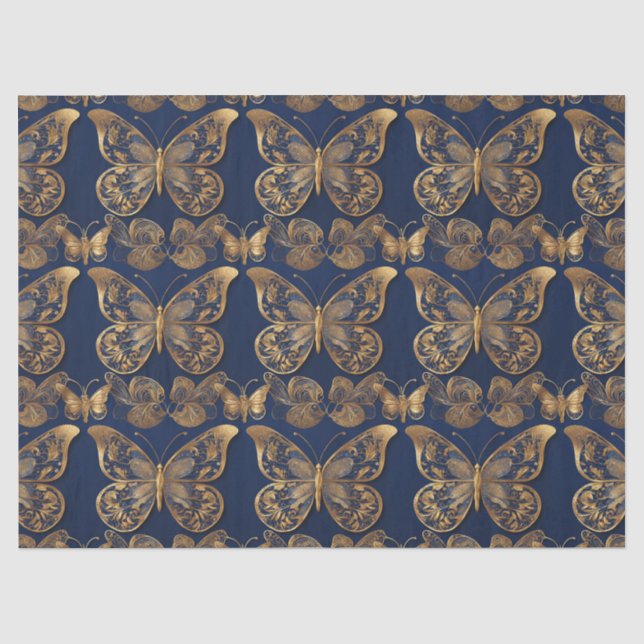 Gold auf blauen Schmetterlingen Dekoupage Tissue Seidenpapier (Vorderseite)
