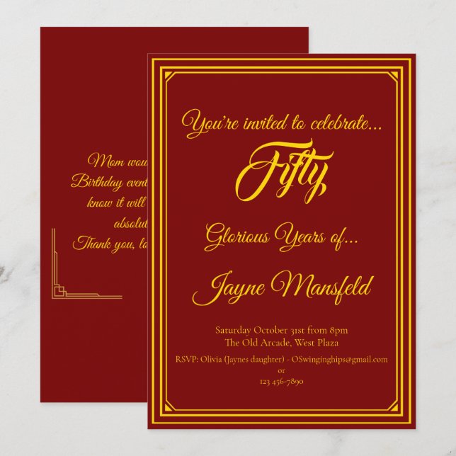 Gold auf Deep Red Birthday Party Einladung (Vorne/Hinten)
