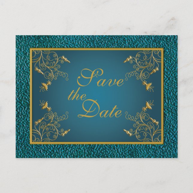 Gold auf der Aquamarinen Save the Date Postkarte (Vorderseite)