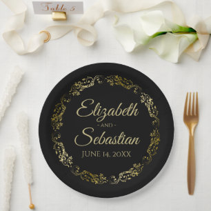 Gold auf der Black Elegant Floral Filigree Hochzei Pappteller