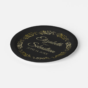 Gold auf der Black Elegant Floral Filigree Hochzei Pappteller