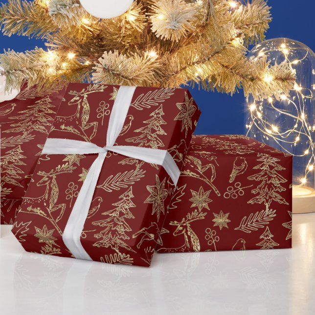 Gold auf dunkelroten Weihnachtsbildern Muster Geschenkpapier (Feiertage)