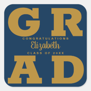 Gold auf Navy Blue Bold Graduation Party Quadratischer Aufkleber