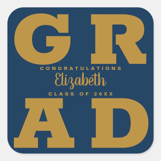 Gold auf Navy Blue Bold Graduation Party Quadratischer Aufkleber (Vorderseite)