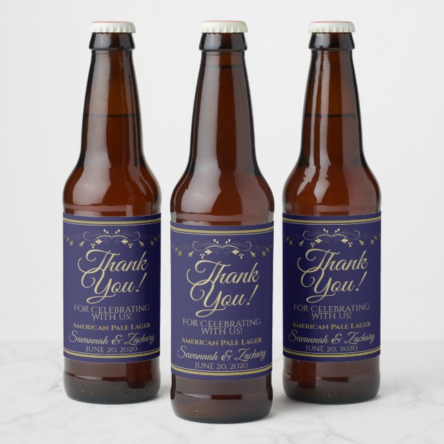 Gold auf Navy Blue Wedding Vielen Dank Bierflaschenetikett (Flaschen)