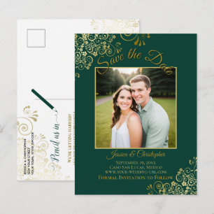 Gold auf Smaragdgrün Hochzeit Termin Foto Ankündigungspostkarte