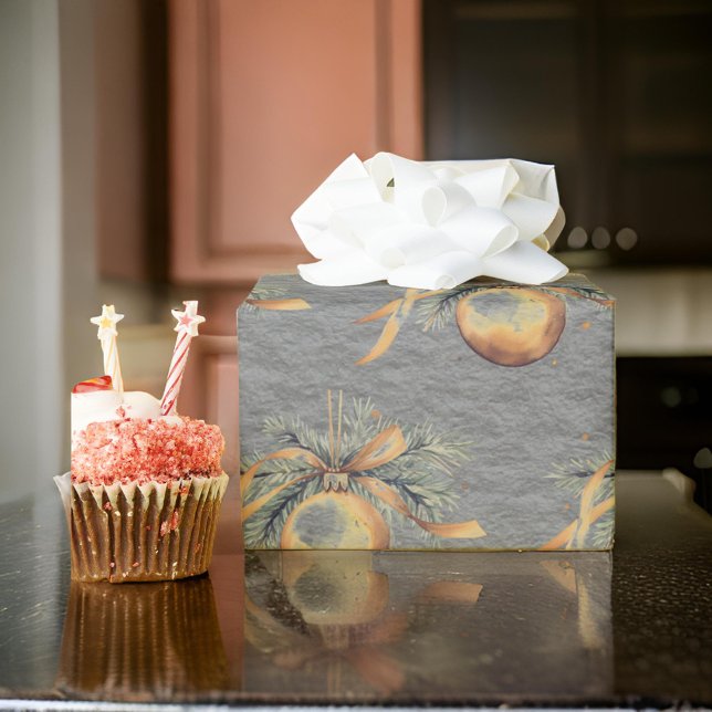 Gold auf Steel Graue Weihnachtsbaum Bulbs Ornament Geschenkpapier (Von Creator hochgeladen)