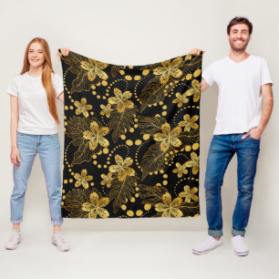 Gold auf tropischen schwarzen Blume und Blätter Fleecedecke