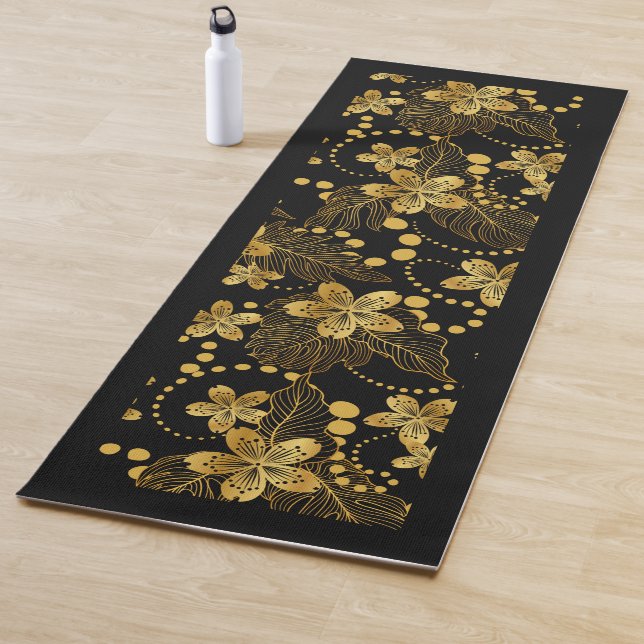 Gold auf tropischen schwarzen Blume und Blätter Yogamatte (Beispiel)