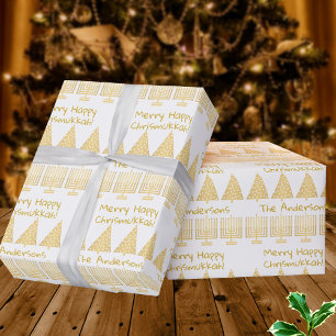 Gold auf Weiß frohe glückliche Chrismukkah Holiday Geschenkpapier