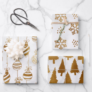 Gold auf weißen Weihnachtsbaumen. Bauern, Schneefl Geschenkpapier Set