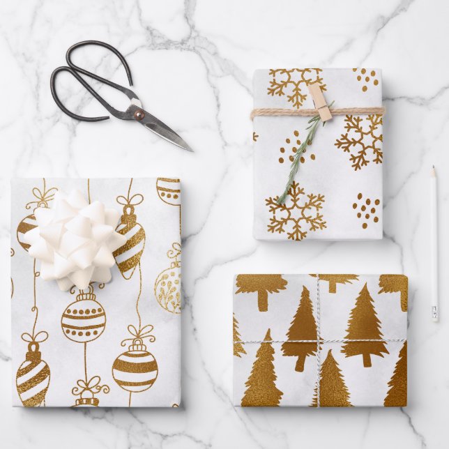 Gold auf weißen Weihnachtsbaumen. Bauern, Schneefl Geschenkpapier Set (Vorderseite)