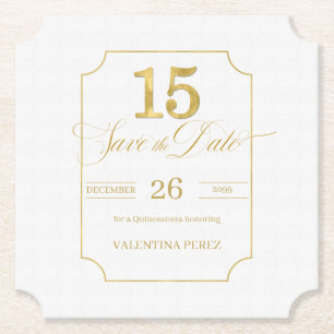 Gold auf White Quinceanera Englisch Save the Date Untersetzer