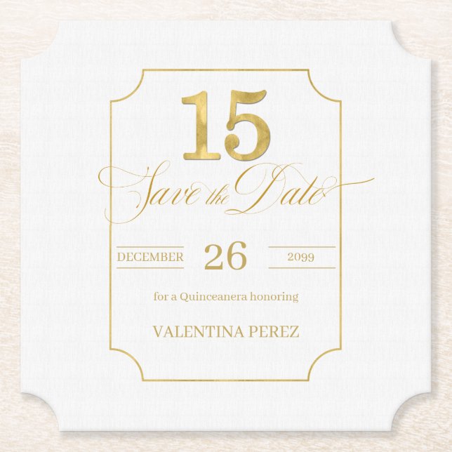 Gold auf White Quinceanera Englisch Save the Date Untersetzer (Vorderseite)