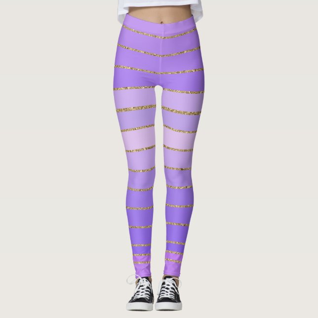 Gold ausgeprägte Lila gestreifte Leggings (Vorderseite)