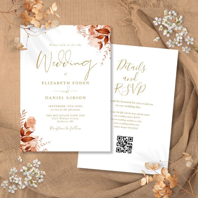 Gold Autumn Fall Floral QR Code Wedding Einladung (Gold Autumn Fall Floral QR Code Wedding Invitation)