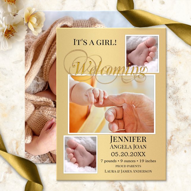 Gold Baby Birth Fotos Ankündigungskarte Ankündigung (Elegant birth announcement card with 4 of your baby and family photos framed by a modern gold design)