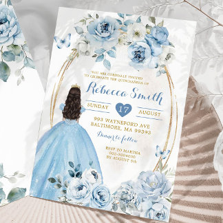 Gold Baby Blue Floral Princess Quinceañera Einladung