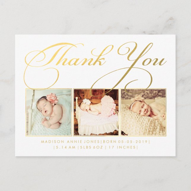 Gold Baby Danke Sip & See Postcard Ankündigungspostkarte (Vorderseite)