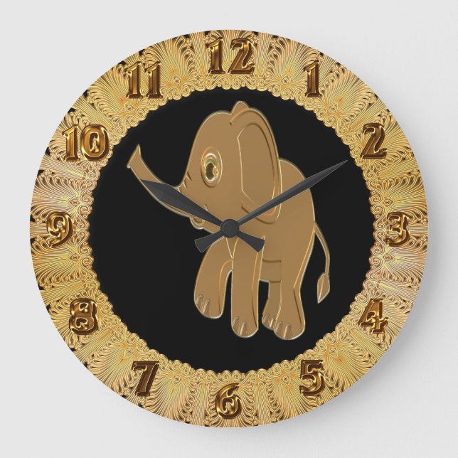Gold Baby Elephant Looking Into Große Wanduhr (Vorderseite)