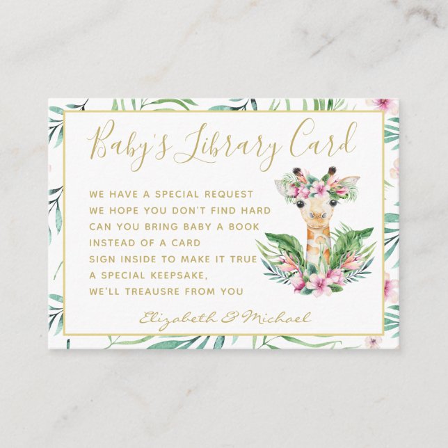 Gold Baby Library Book Request Giraffe Boho Floral Begleitkarte (Vorderseite)