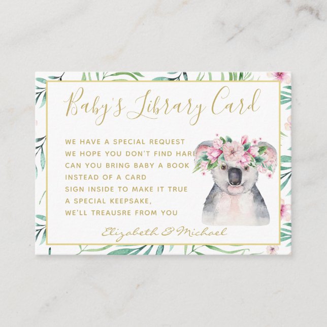 Gold Baby Library Book Request Koala Bear Floral Begleitkarte (Vorderseite)
