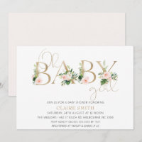 Gold Baby Word Floral Girls Kinderdusche Einladung