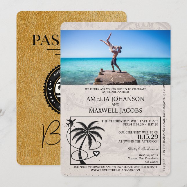 Gold Bahamas Passport Hochzeitseinladung Einladung (Vorne/Hinten)