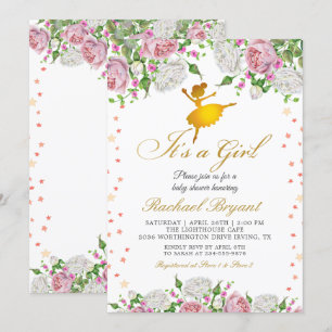 Gold Ballerina Die Girl Floral Baby Dusche Einladung