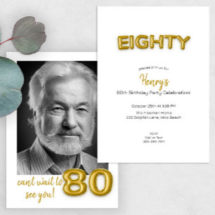 Gold Balloon 80th Birthday Photo Invitation