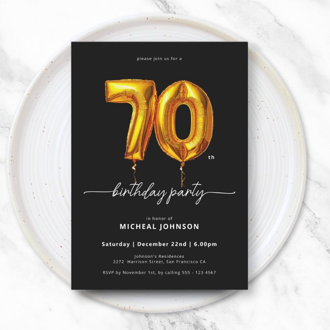 Gold Balloon Black 70. Geburtstag Einladung (Gold Balloon Black 70th Birthday Invitation)