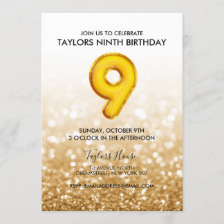 Gold Balloon Glitzer 9. Geburtstagsparty Einladung