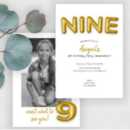 Gold Balloon Ninth Birthday Photo Invitation