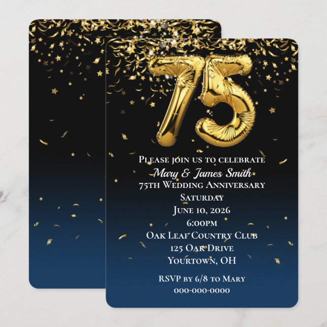 Gold Balloons & Confetti Invitati zum 75. Jahresta Einladung (Vorne/Hinten)