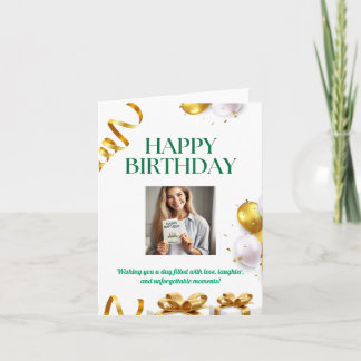 Gold Balloons Geburtstagskarte mit Geschenken und Einladung