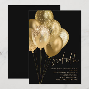 Gold Balloons Glitzer Black 60. Geburtstagsparty Einladung