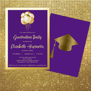 Gold Balloons Lila Graduation Party Folieneinladung