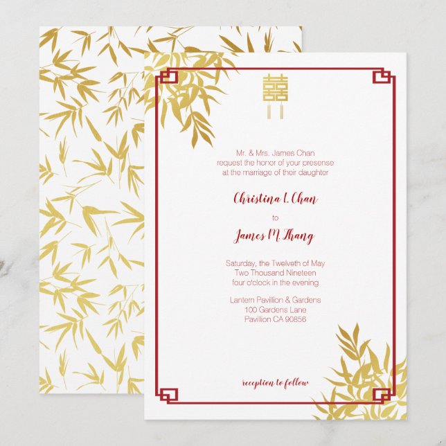 Gold Bambus Double Happiness Chinesische Hochzeit Einladung (Vorne/Hinten)