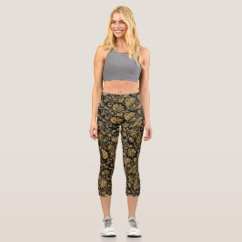 Gold Barock Blumenmuster auf Schwarz Capri Leggings