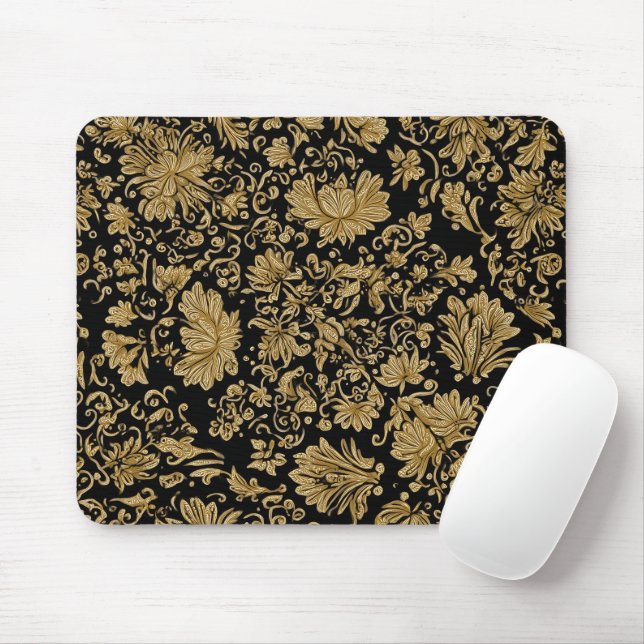 Gold Barock Blumenmuster auf Schwarz Mousepad (Mit Mouse)