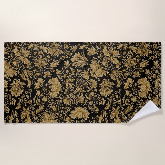 Gold Barock Blumenmuster auf Schwarz Strandtuch (Vorderseite)