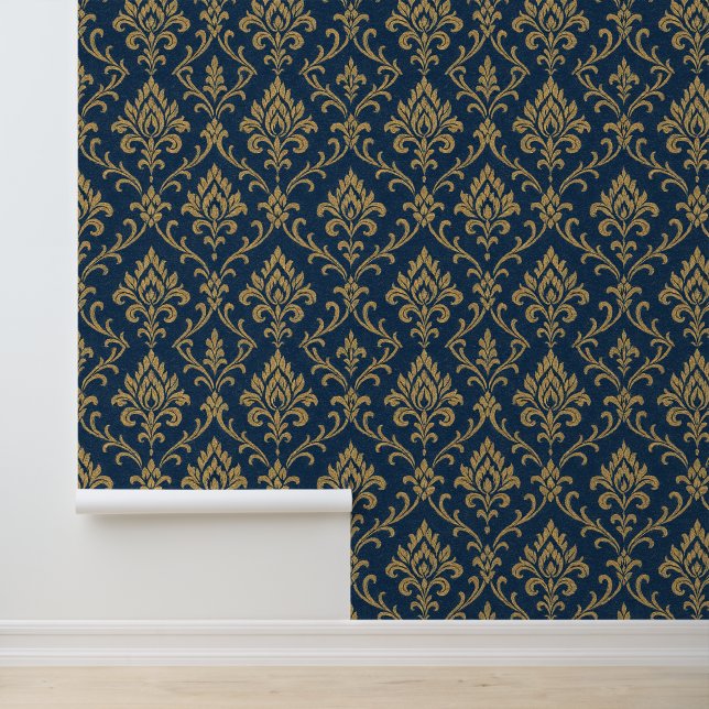 Gold Baroque Floral Dark Blue Tapete (Anwendung)