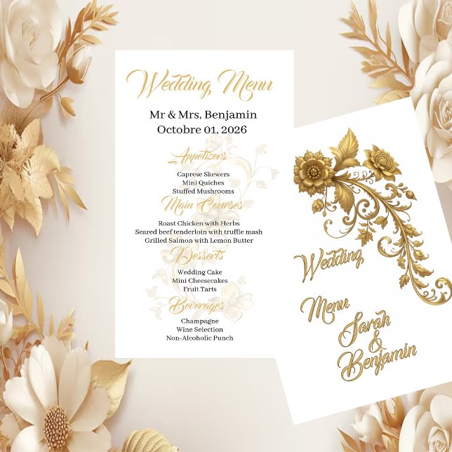 Gold Baroque Floral Script | Elegant Wedding Menu Menükarte (Von Creator hochgeladen)