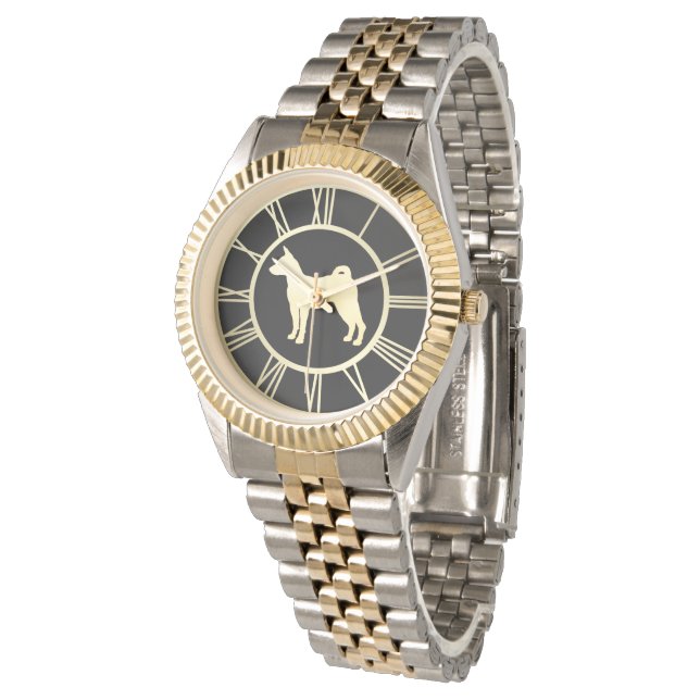Gold Basenji Dog Silhouette Armbanduhr (Schrägansicht)