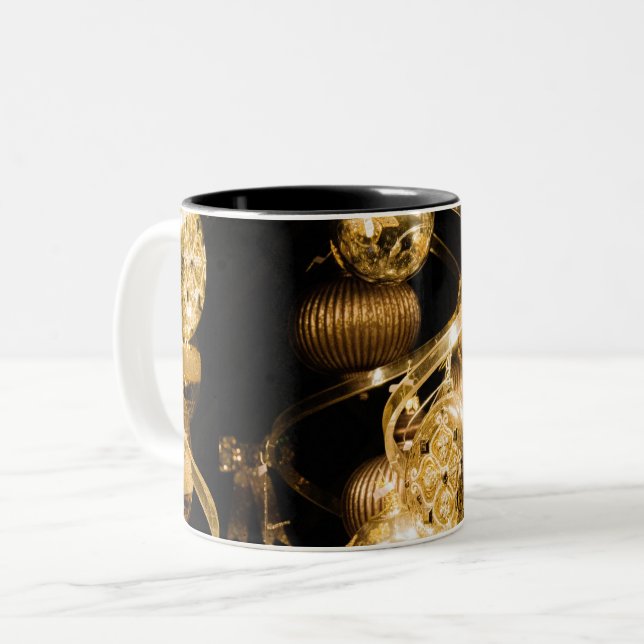 Gold Baubles and Spiral Pattern Zweifarbige Tasse (Vorderseite Links)