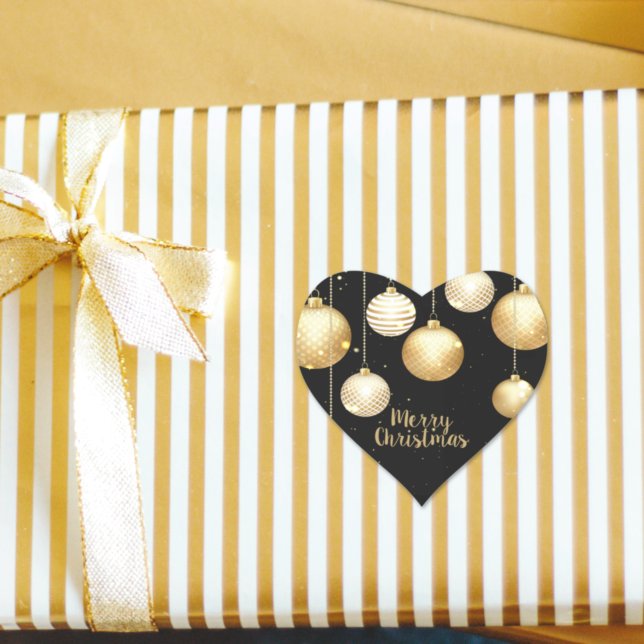 Gold Baubles Christmas Ornaments on Black Herz-Aufkleber (Von Creator hochgeladen)