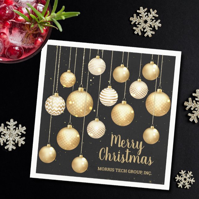 Gold Baubles Christmas Ornaments on Black Party Serviette (Gold and white Christmas tree ornaments on black holiday party cocktail napkins)