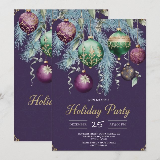 Gold Baubles Christmas Tree Party Invitation (Devant / Derrière)