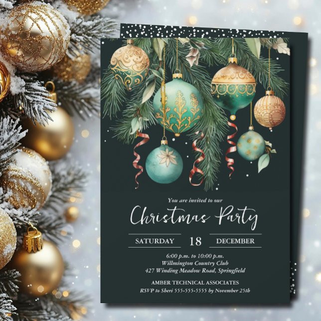 Gold Baubles Christmas Tree Party Invitation Einladung (Gold and green Christmas tree ornaments party invitations PRINTED and/or INSTANT DOWNLOAD)